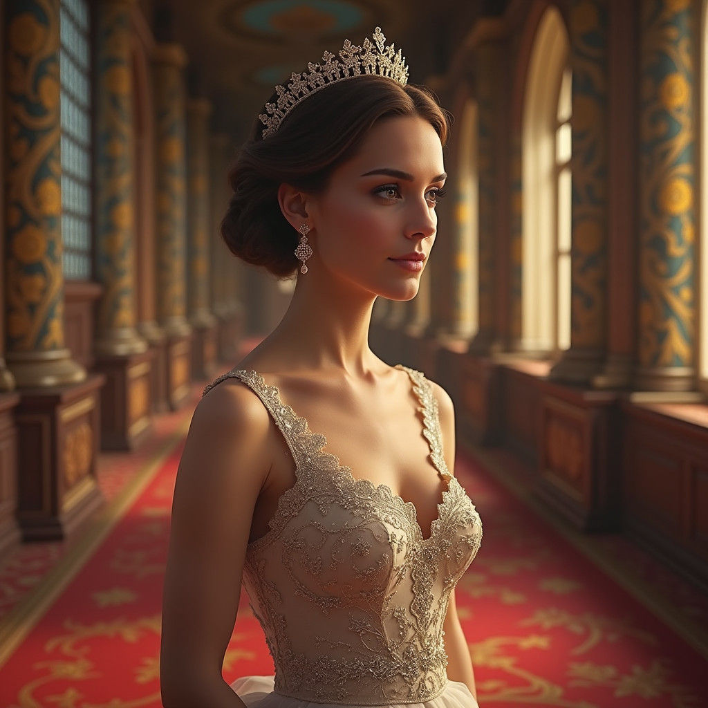 Elegant Princess Kate in Ornate Hall: Matte Painting