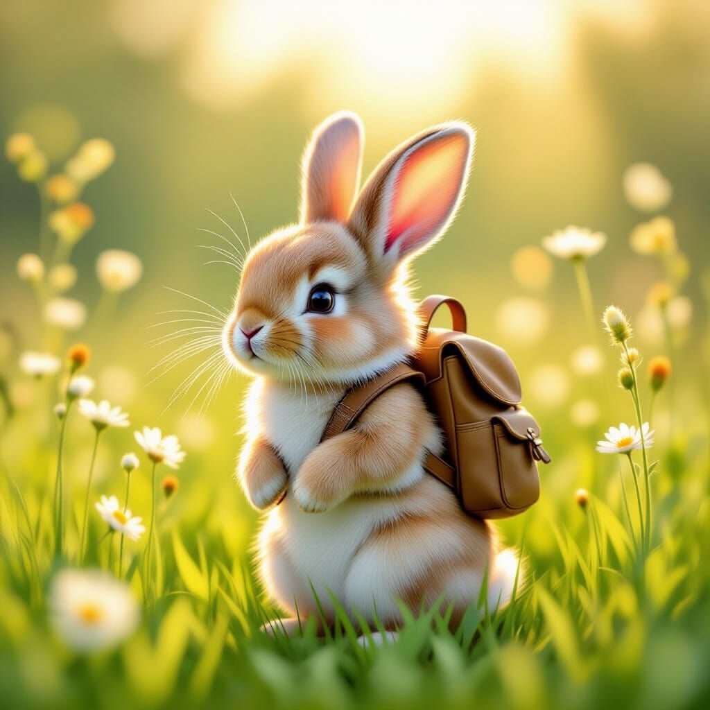 Whimsical Bunny in Meadow, Inspired by Children's Illustrati...