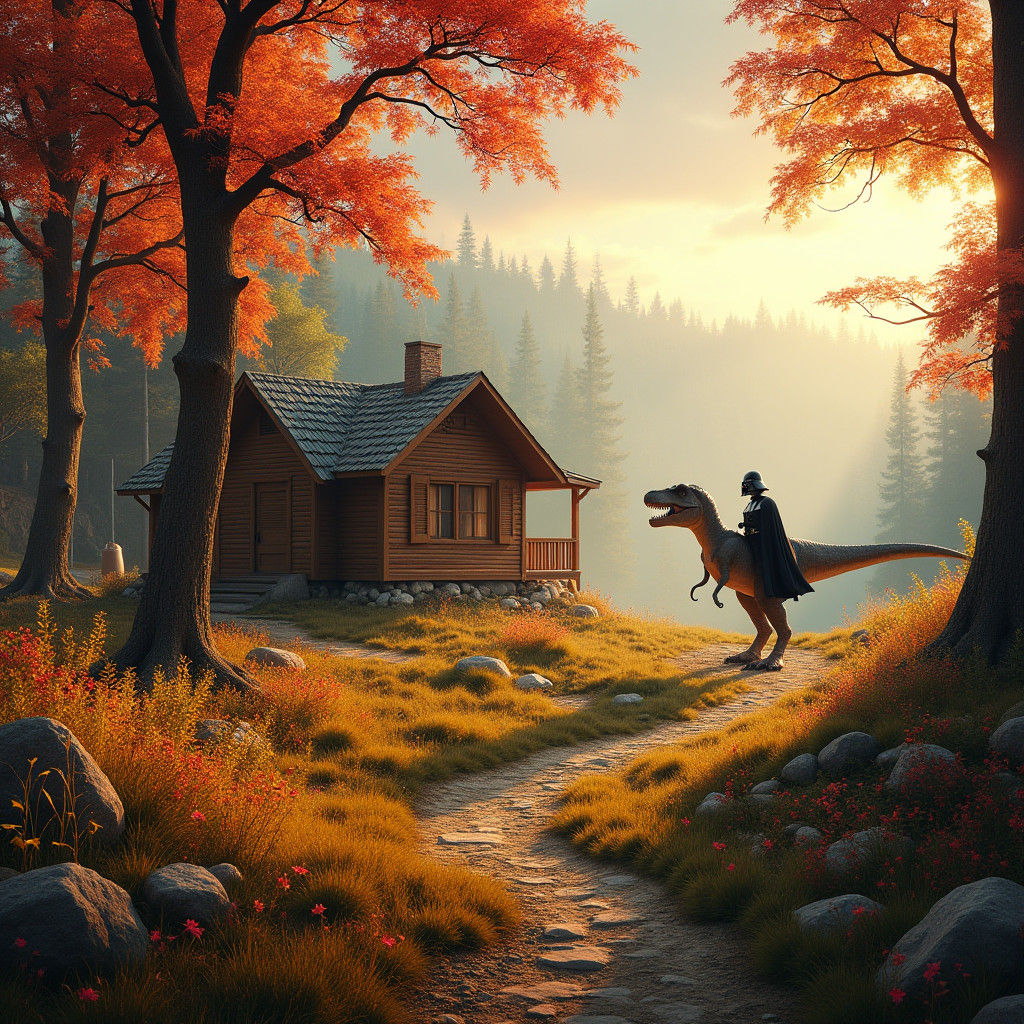 Autumn Cabin Landscape with Dinosaur and Christmas Message