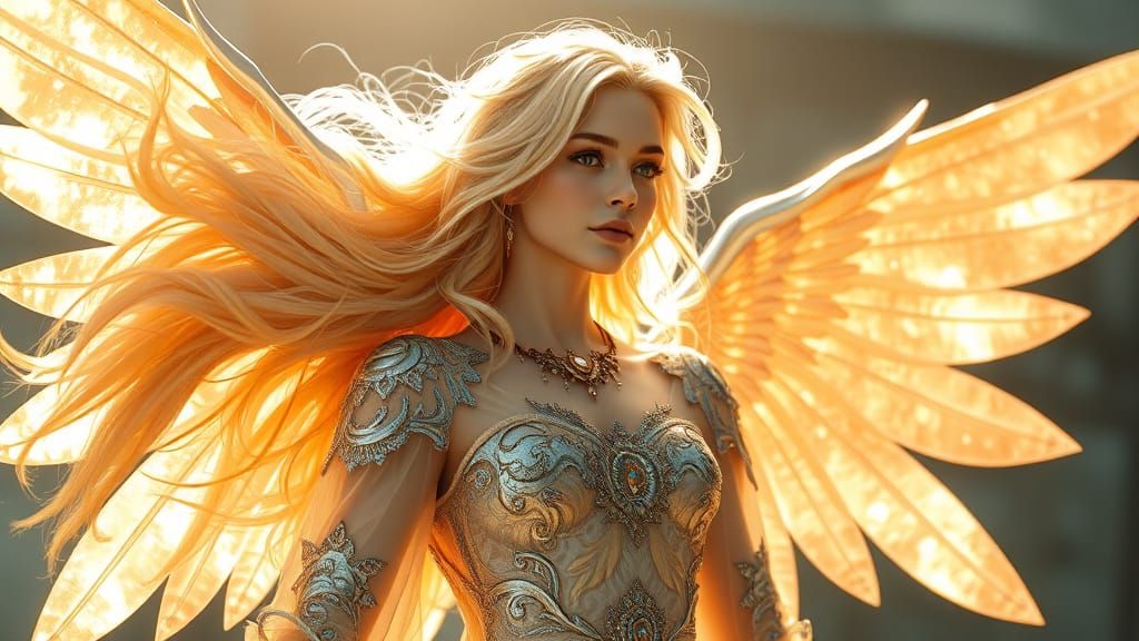 Radiant Angelic Being with Golden Hair and Silver Wings