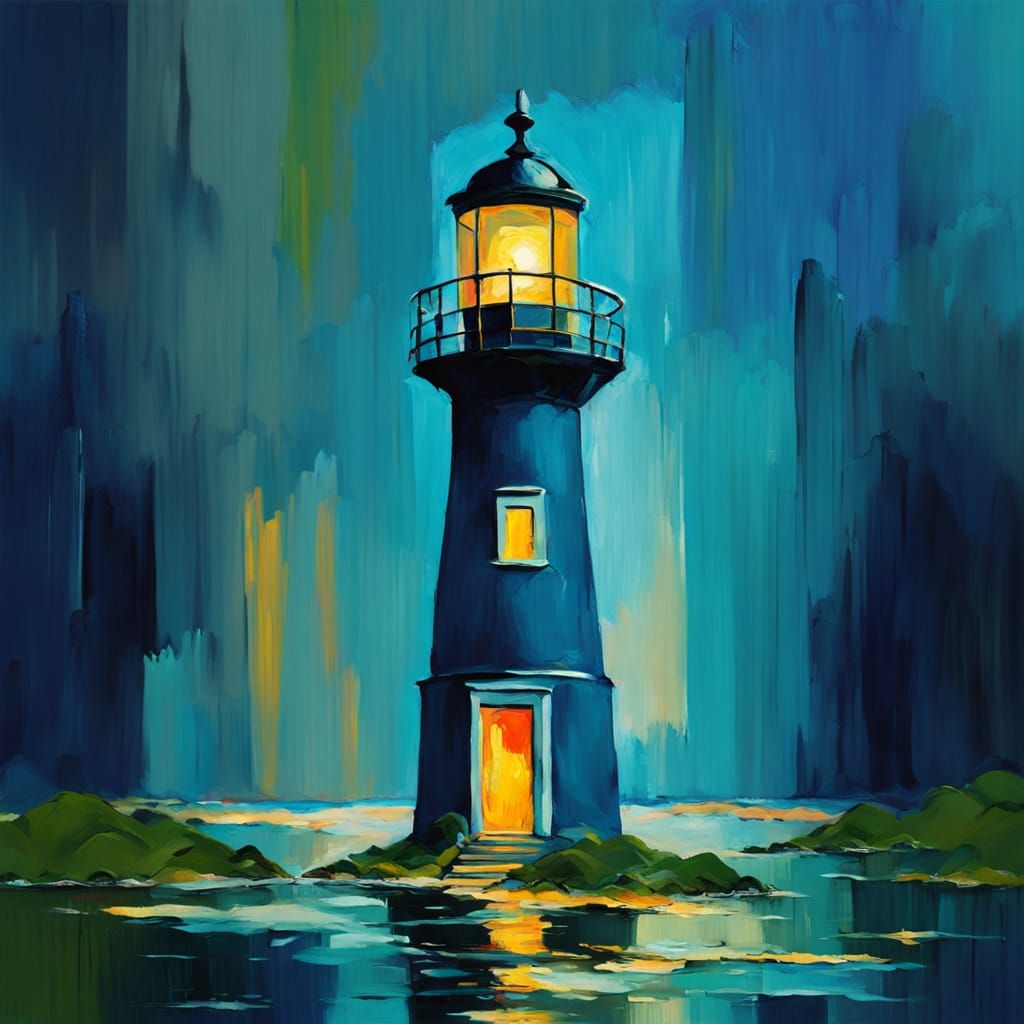 Vivid Lighthouse in Bottle: Neo-Impressionist Oil Painting