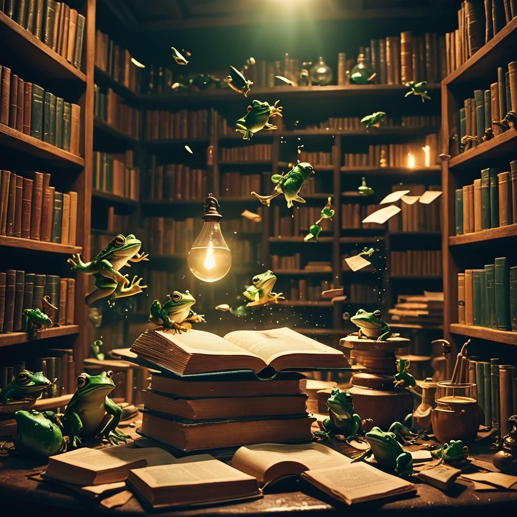 Frogs Leap From Book in Alchemist's Laboratory