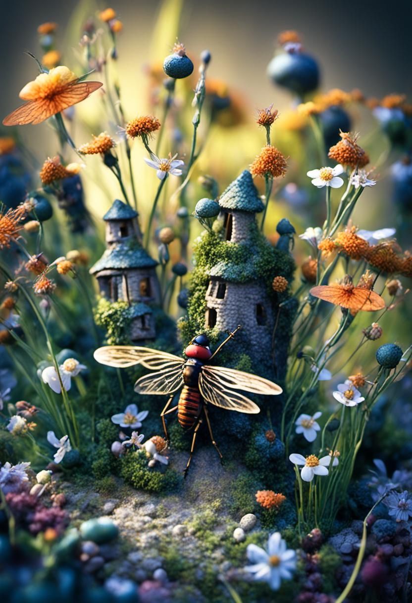 Fairies Hunt Giant Fly in Macro Photograph