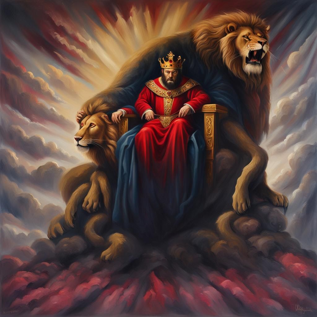 Faceless King with Lion: Surreal Oil Painting