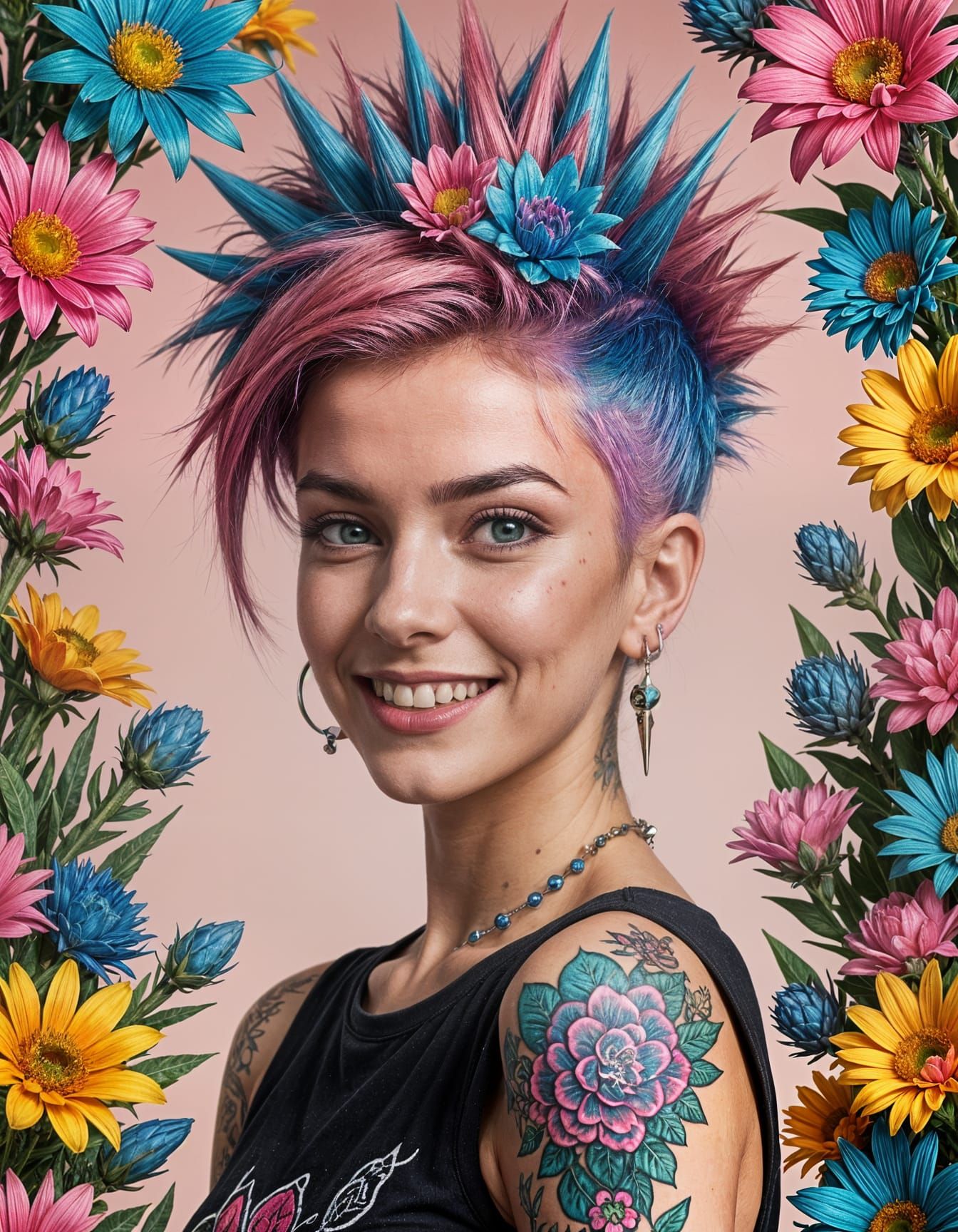 Smiling Punk Woman with Floral Spiked Hair in 8K