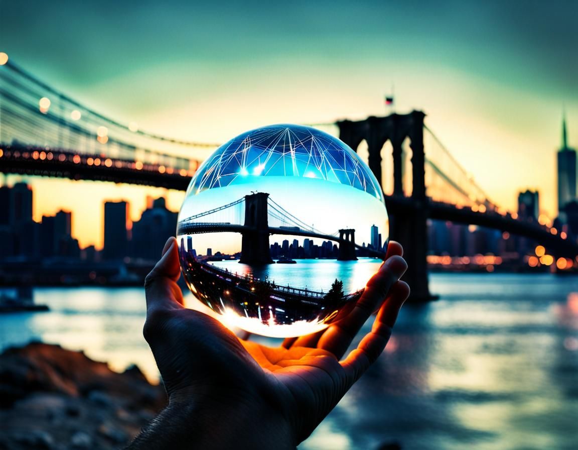 Brooklyn Bridge Double Exposure in Glowing Orb