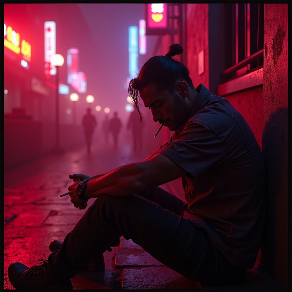 Cyberpunk Farmer's Respite in Neon-lit Italy