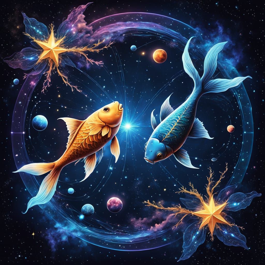Glowing Fish Constellations in Starry Night Space