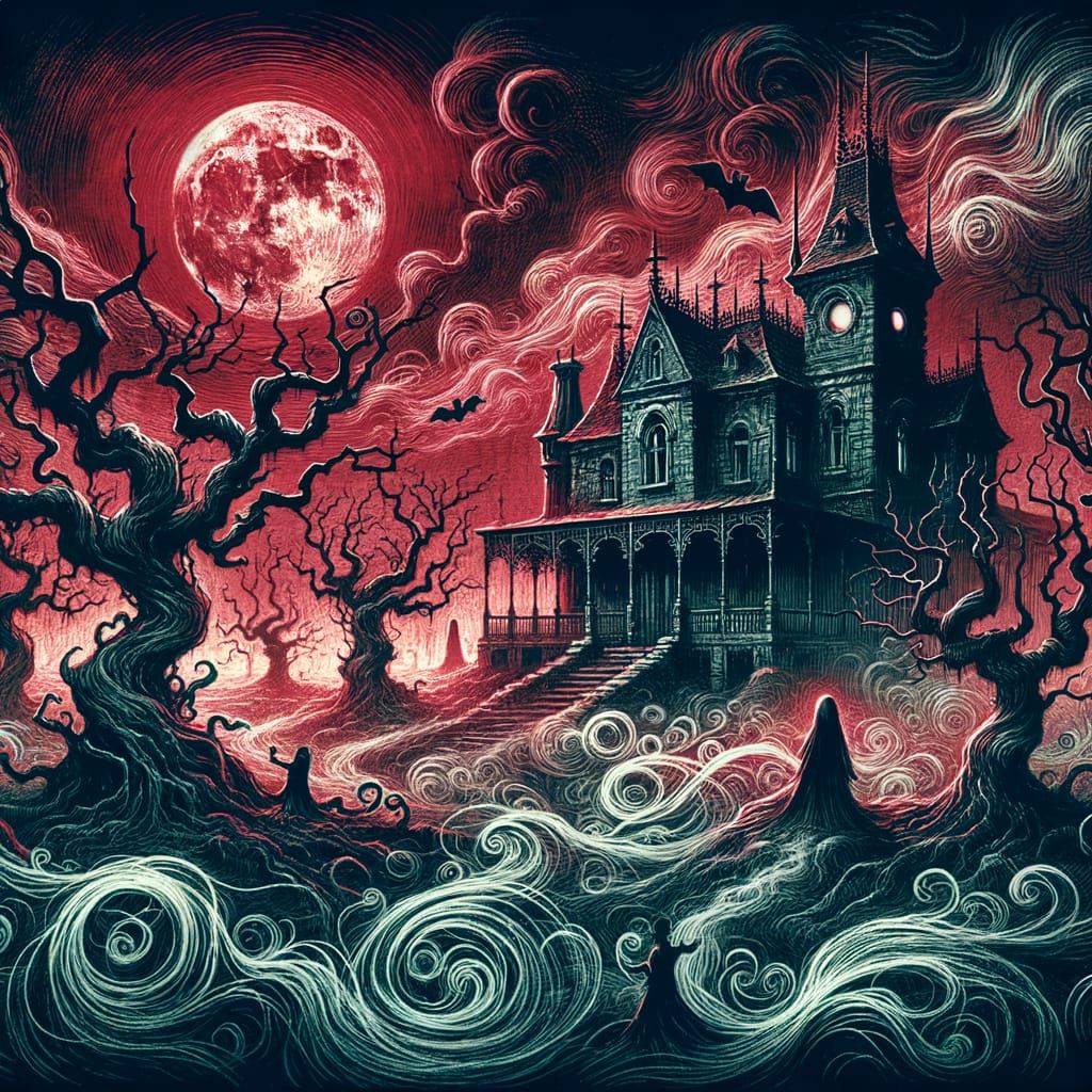 Haunted Mansion Under Blood Moon in Gothic Style