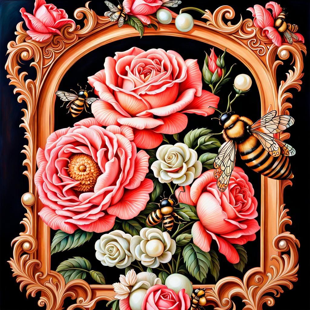 Renaissance Painting of Roses, Shells, and Bees