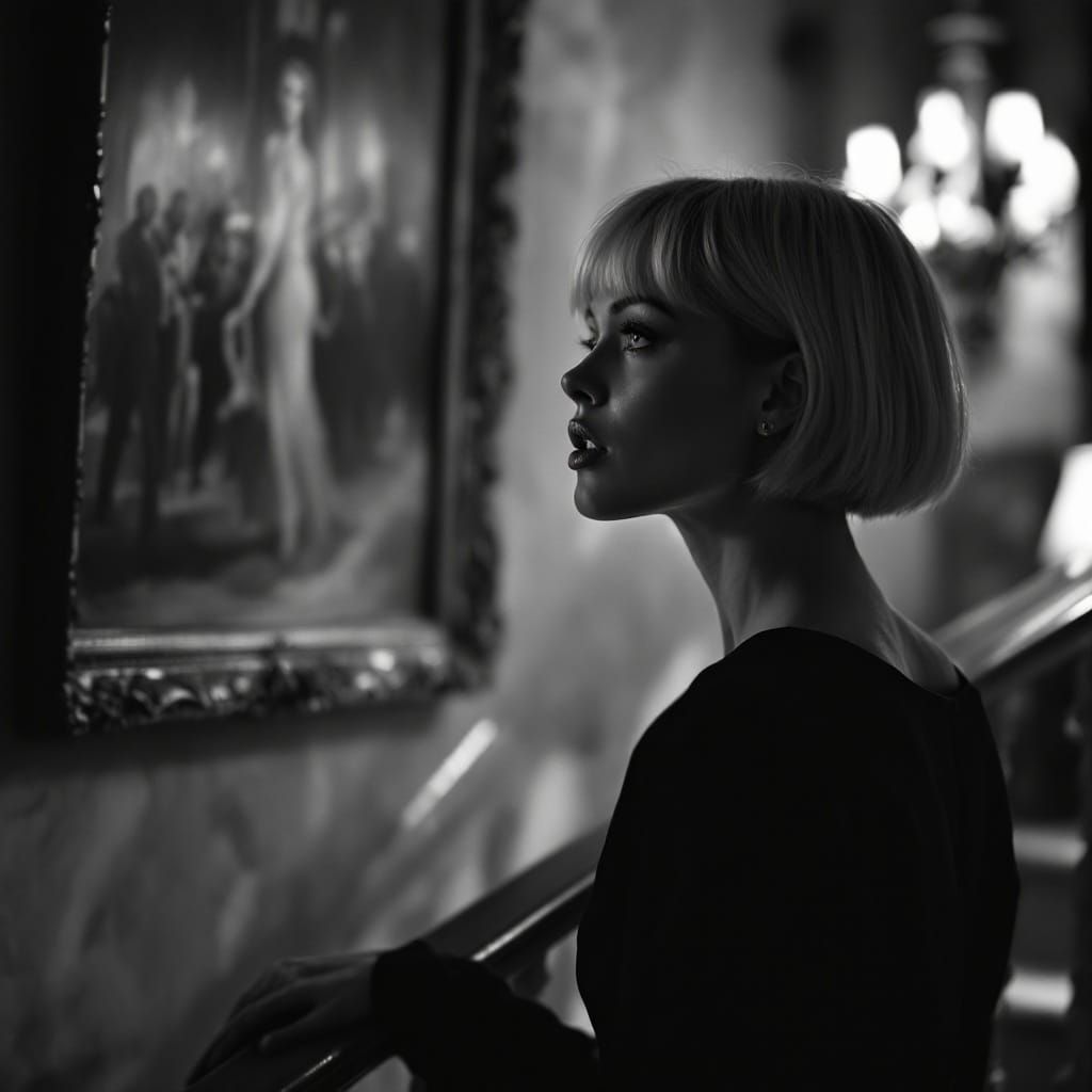 Elegant Woman Stares at Painting in a British Mansion at Nig...