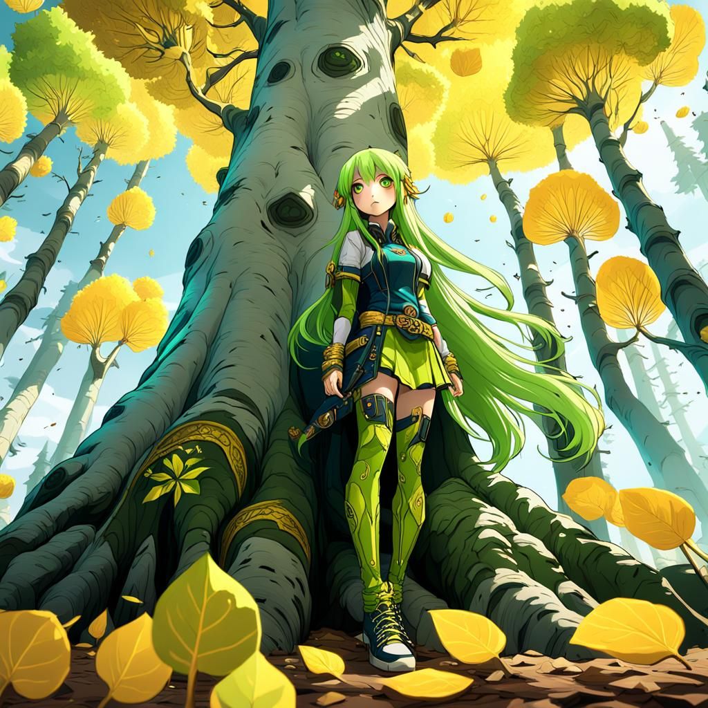 Anime Girl Under Giant Golden Aspen Tree