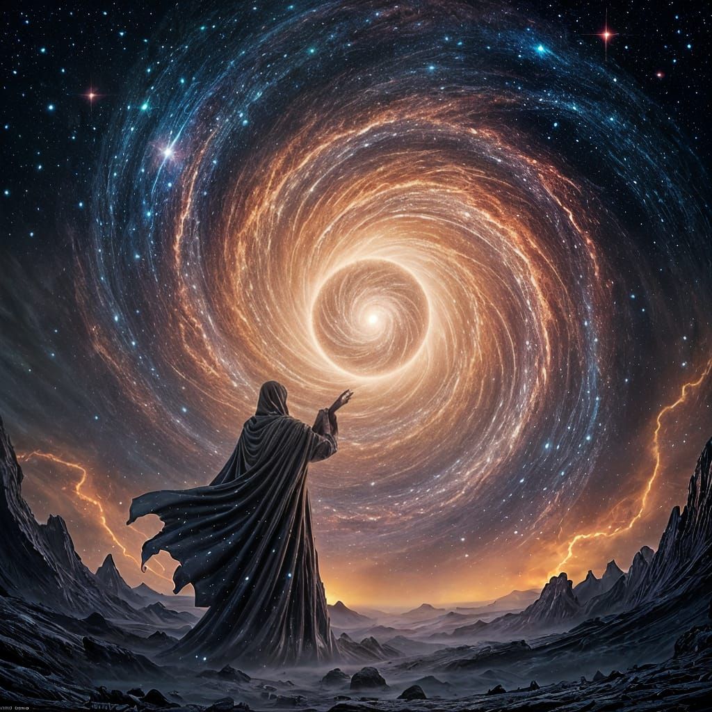 Mysterious Figure Reaches for Artifact in Cosmic Vortex