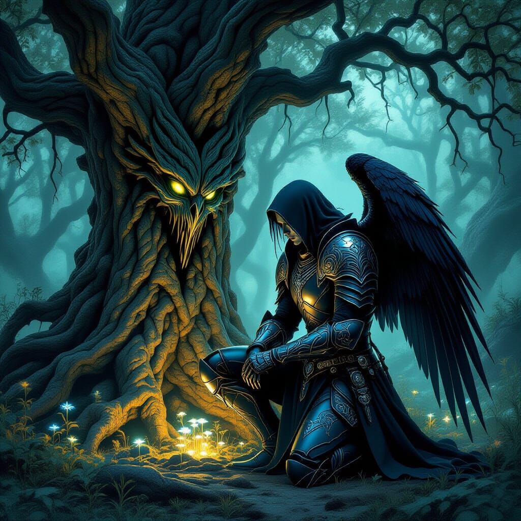 Dark Angel Kneels in Bioluminescent Grove