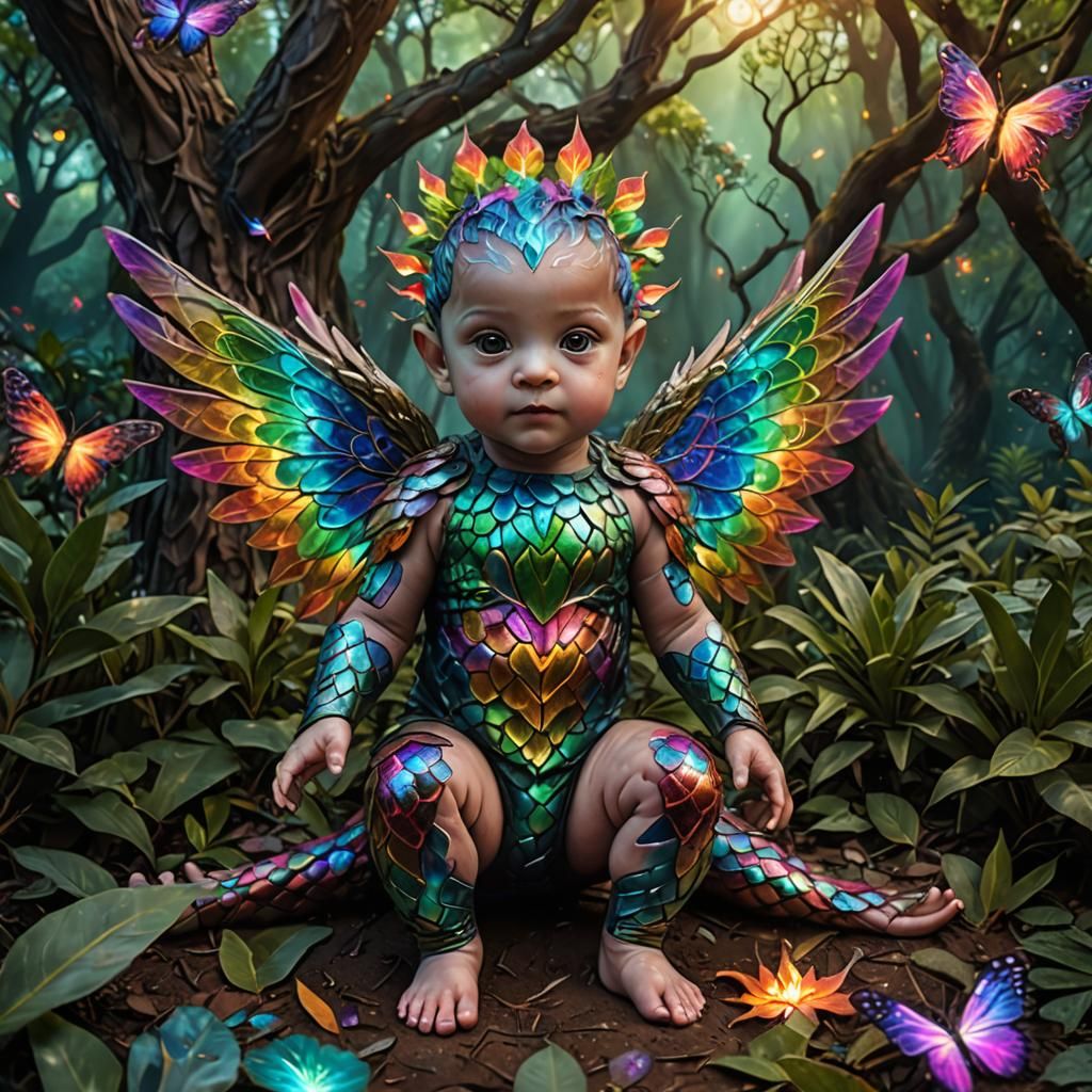 Iridescent Metallic Fairy with Pangolin in Fantasy Landscape