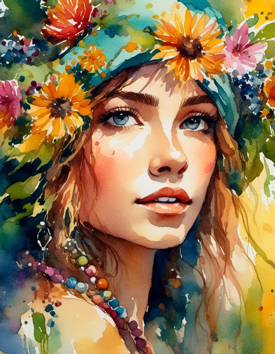 Hippie Girl Portrait in Gouache Watercolor Style