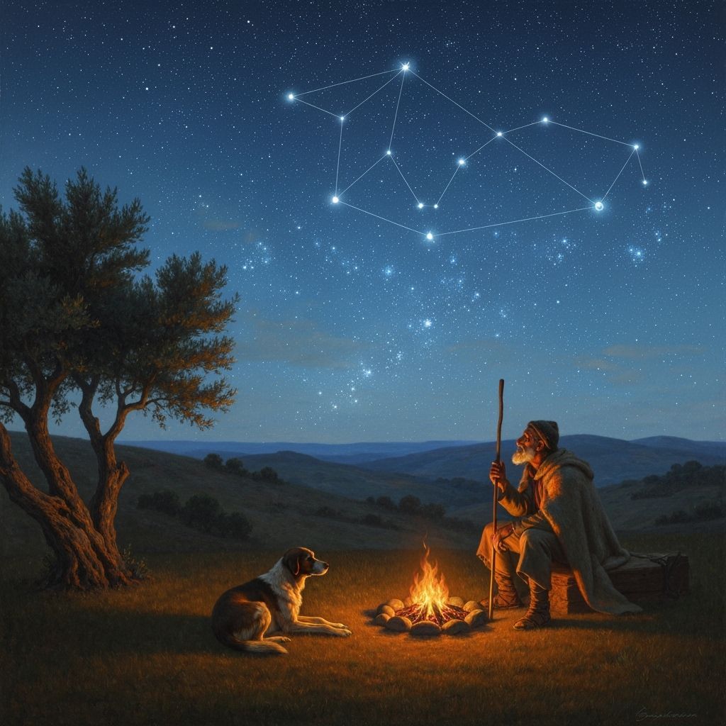 Shepherd and Dog Under Starry Sky in Classical Realism