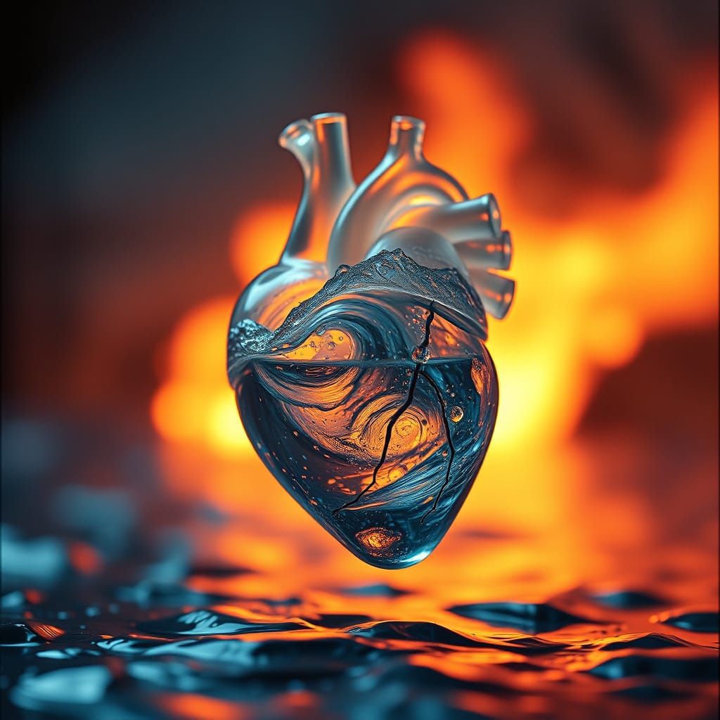 Glass Heart with Ocean Waves, Cinematic 3D Render