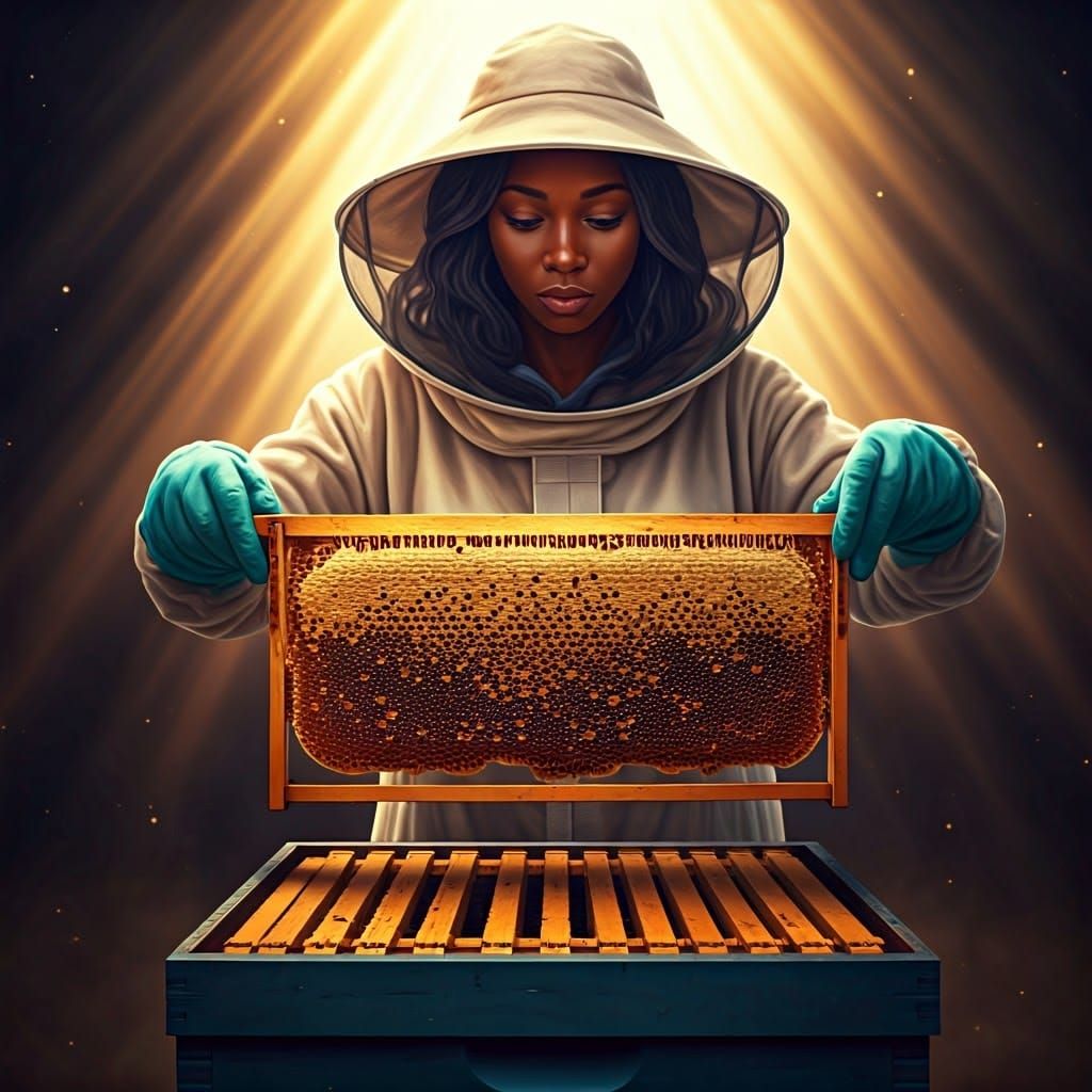 Woman Harvesting Honeycomb Frame, Professional Photography