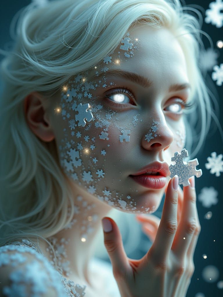 Surreal Portrait of Enigmatic Woman Amidst Whimsical Jigsaw ...