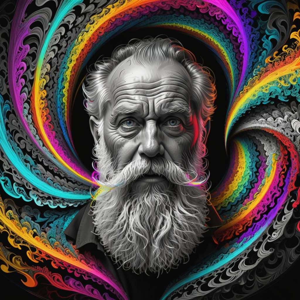 big bearded old man with piercing eyes creates colorful magi...