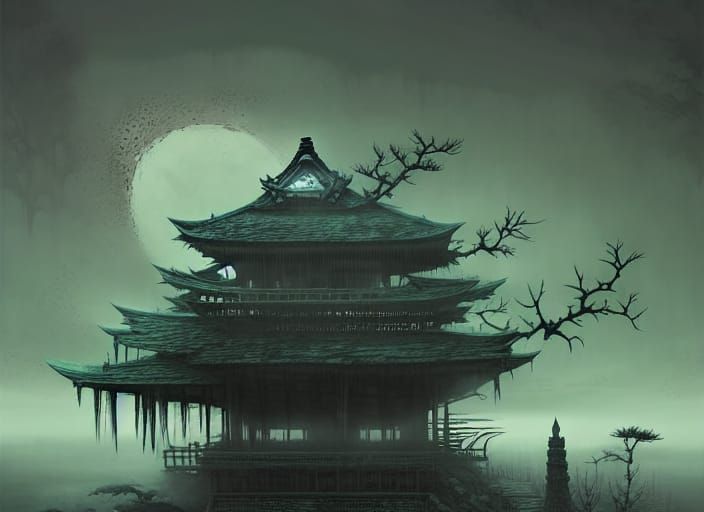 Ethereal Fantasy Landscape in Japanese Ink Style