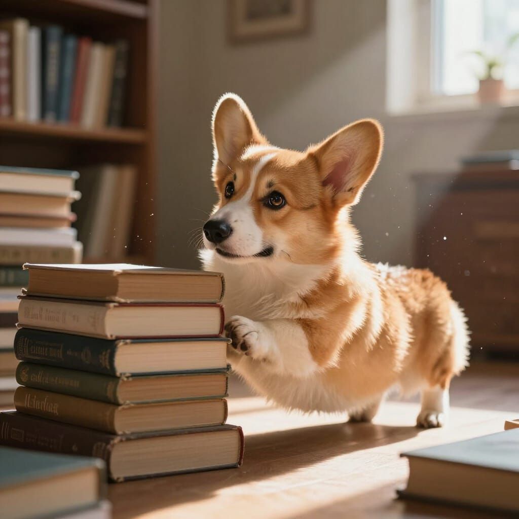 Determined Corgi Climbs Books in Sunlit Library