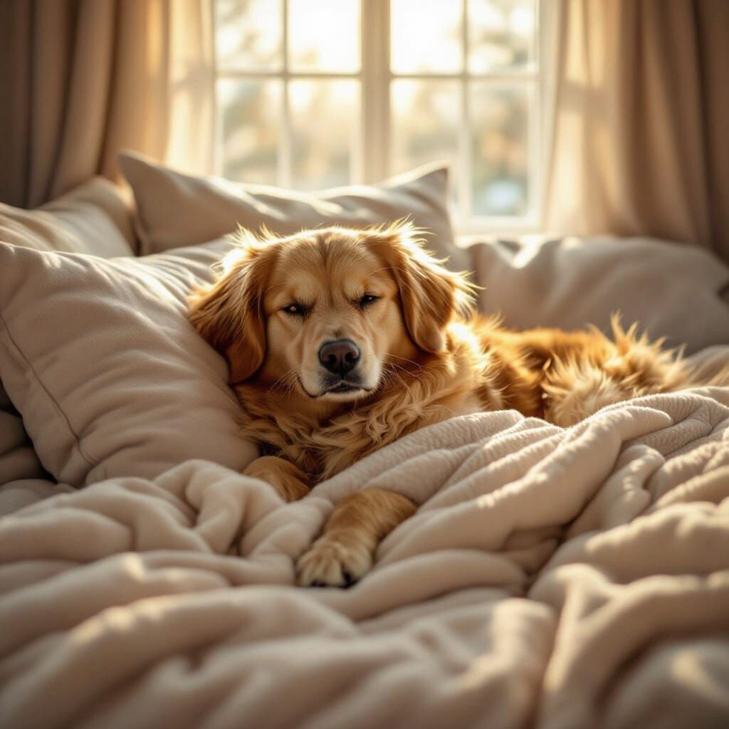 Fluffy Golden Retriever Snuggles in Cozy Bed