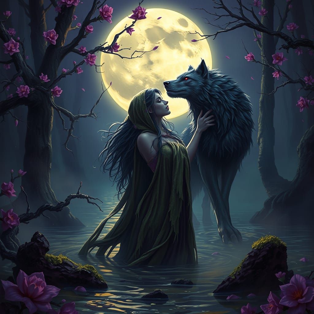 Dark Fantasy Maiden Confronts Red Eyed Wolf Under Full Moon
