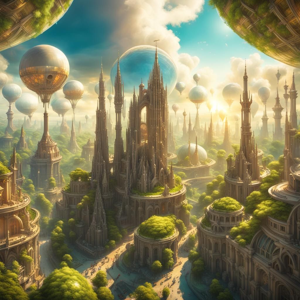 Utopian Solarpunk City in Lush Forest with Airships
