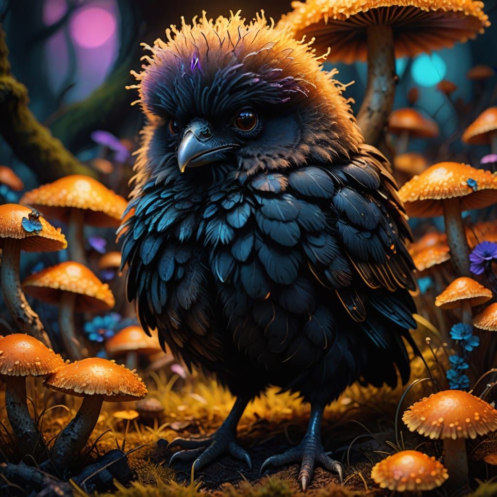 Grumpy Chick Among Glowing Fungi: Vibrant Digital Art