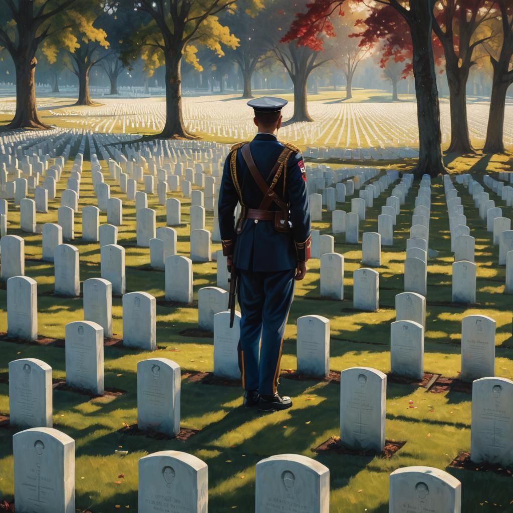 Soldier's Dawn: Oil Painting in Cemetery
