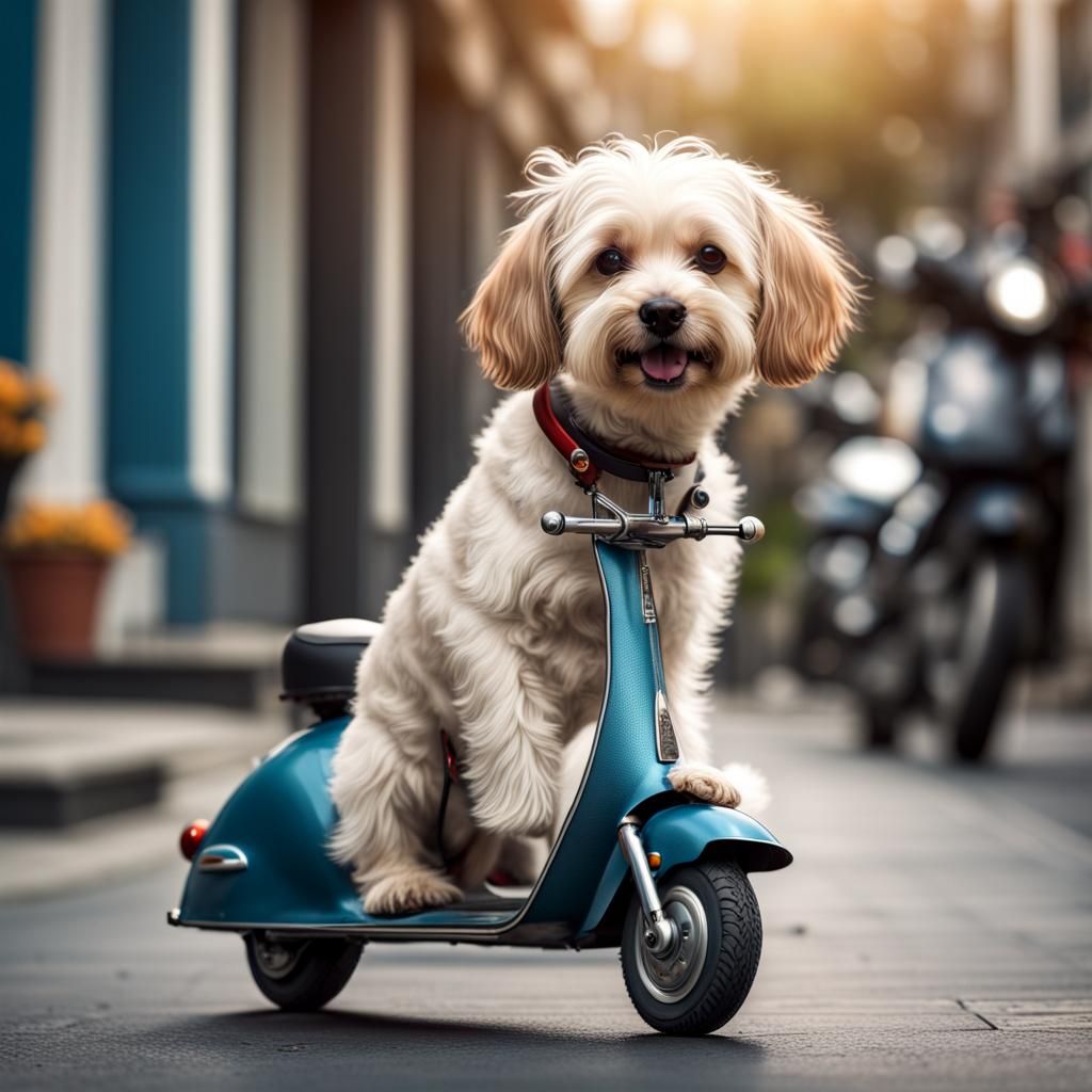 Cute Dog Rides Scooter in Hyperrealistic Style