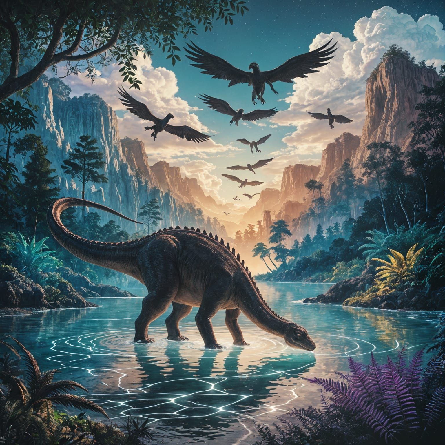 Fantasy Landscape: Long-Necked Dinosaur and Flying Reptiles