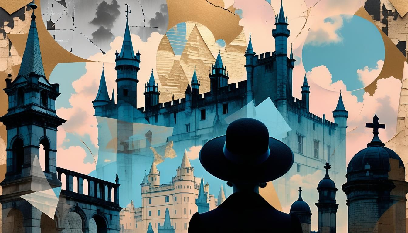 Surreal Woman with City Monuments in Mixed Media Art