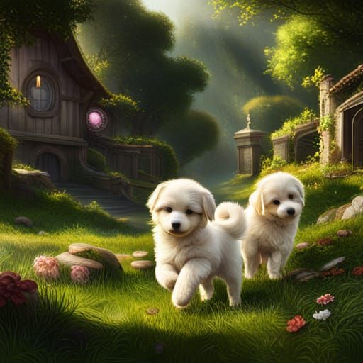 Cute Fluffy White Puppies: Detailed Matte Painting