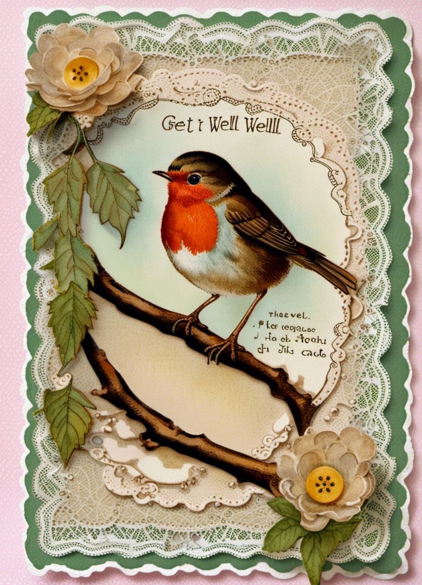 Edwardian Get Well Card with Robin and Lace
