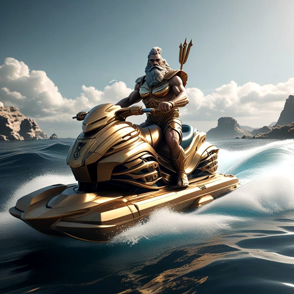 Poseidon Rides Futuristic Jet Ski in Epic Steampunk Landscap...