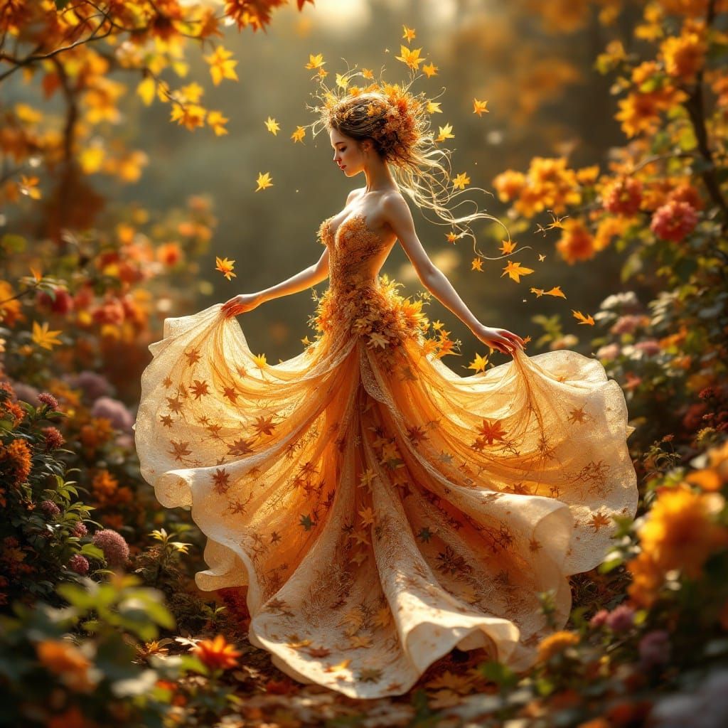 Whimsical Autumn Goddess in Golden Gown Dances Among Leaves