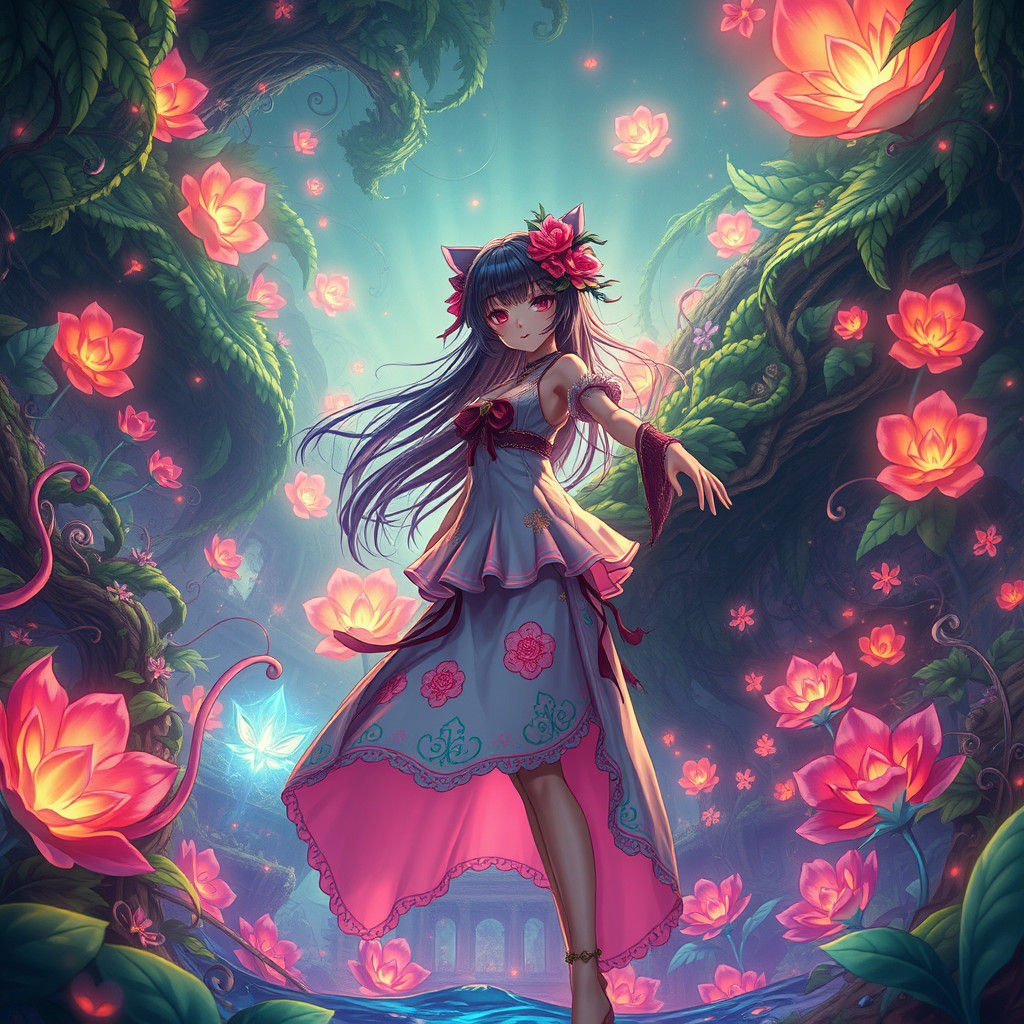 Anime Girl Hero in Dreamlike Fantasy Landscape