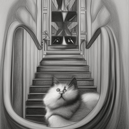 Cat in Bottle with Escher-esque Staircase
