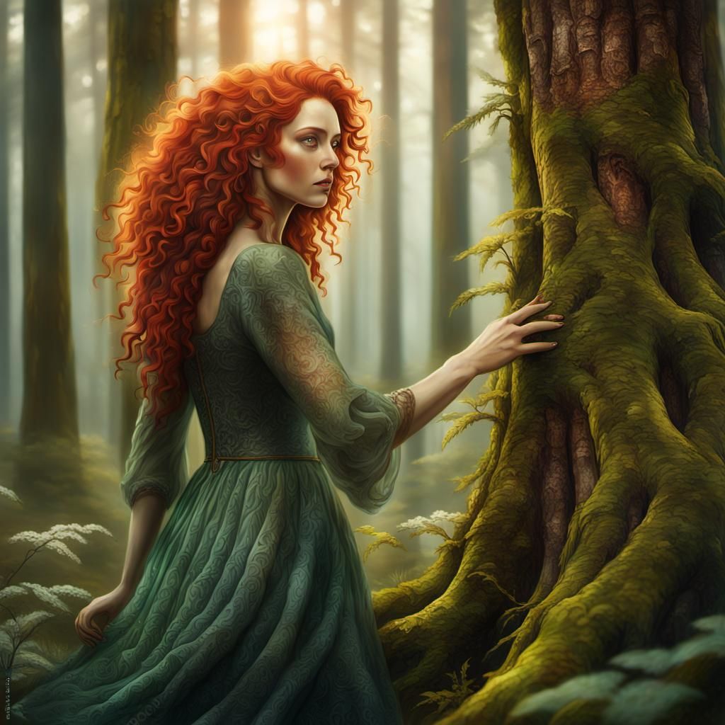 Red-Haired Woman in Mystical Forest: Earthy Oil Painting