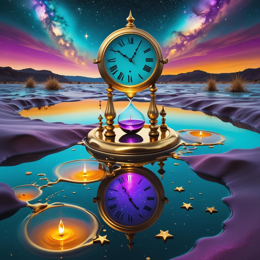 A surreal clock melting into a golden river, ancient hourgla...