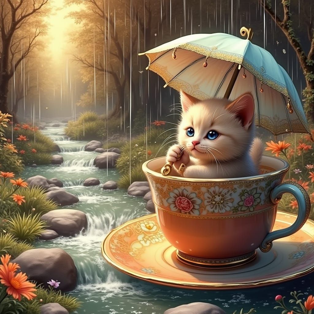 Kitten in Teacup in Enchanted Forest, Digital Art