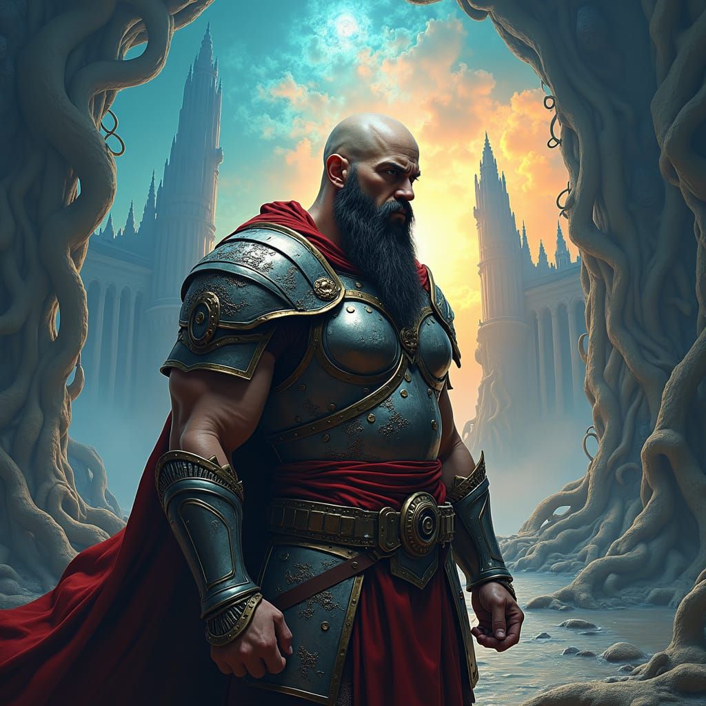 Heroic Paladin in Ruined Cityscape