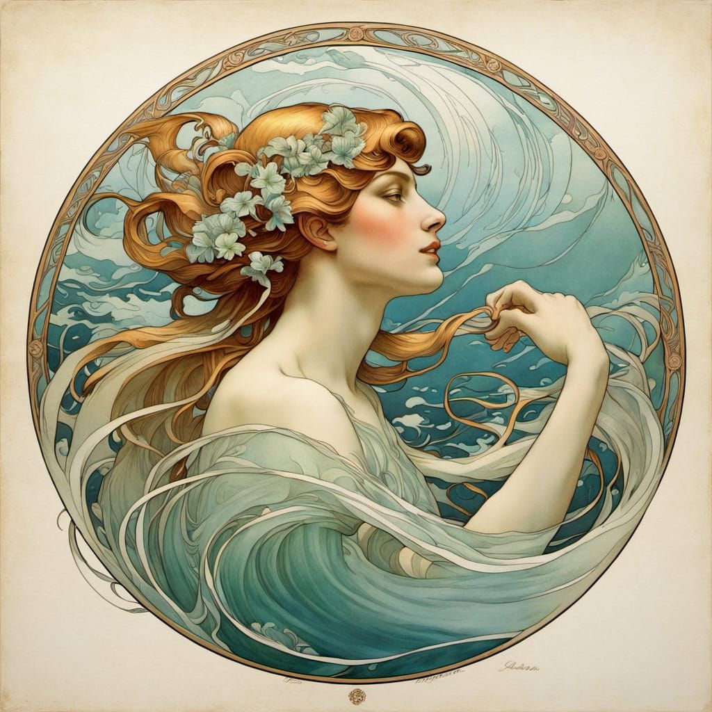 Ethereal Siren Portrait in Art Nouveau Style