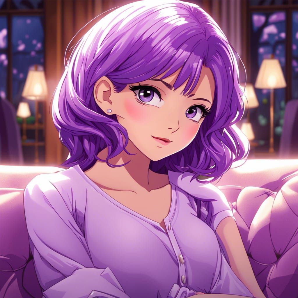 Anime Woman with Purple Hair and Amethyst Eyes