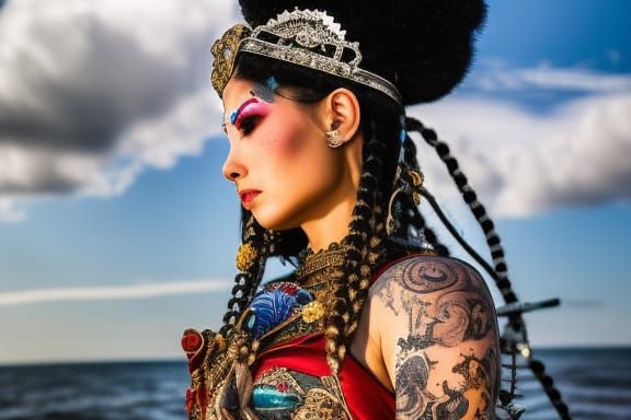 Tattooed Pirate Ship Sailing into Sunset