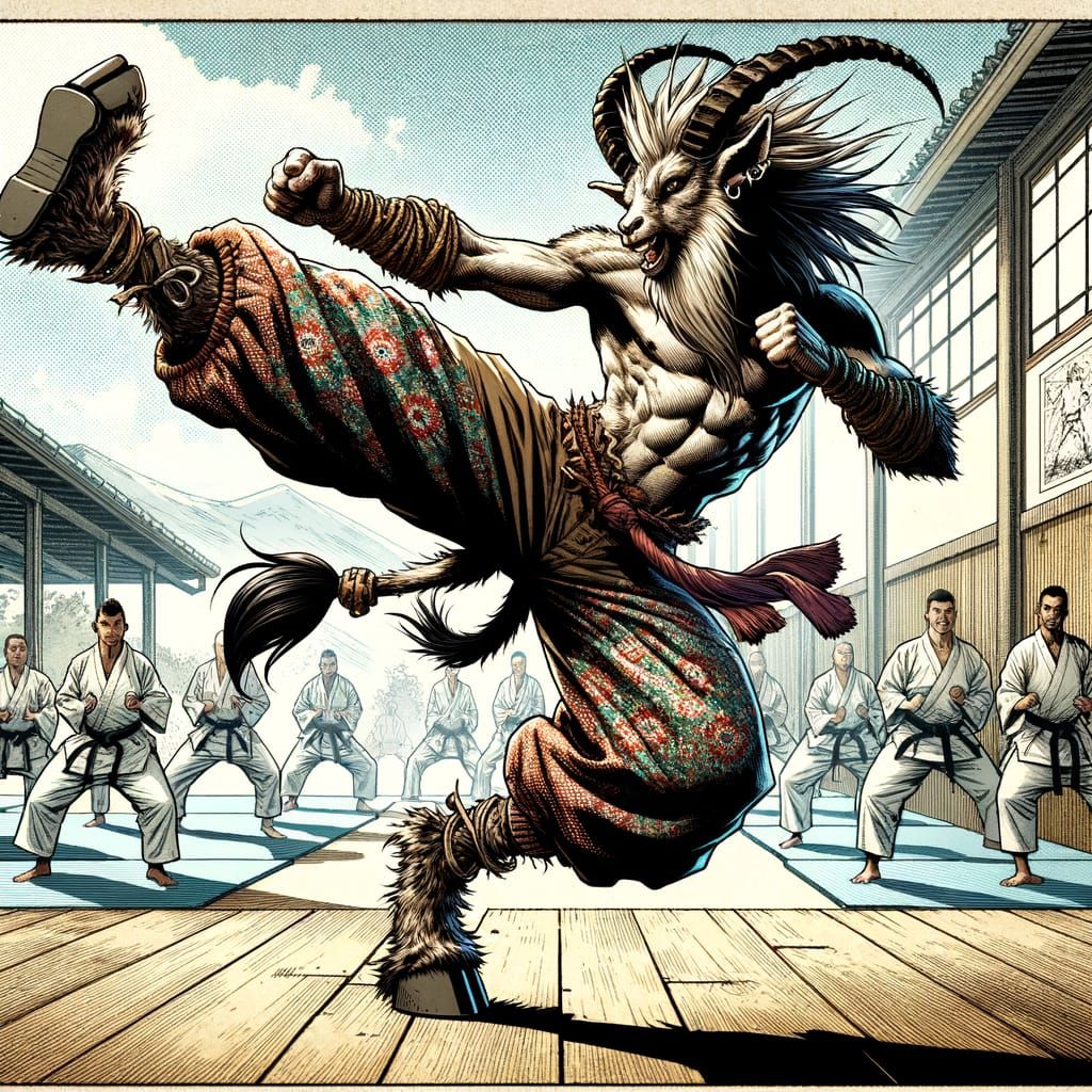 Satyr Martial Artist in Comic Book Style Dojo