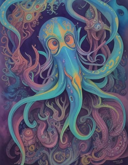 Occult Squid in Hyperdetailed Undersea Watercolor